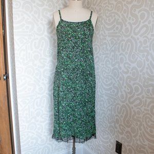 Reworked Black Green Printed Midi Slip  Dress with Spaghetti Straps